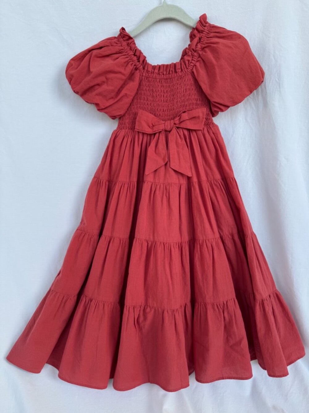 A Loves A Girls Size 4 Coral Smocked Puff Sleeve Tiered Dress Bow